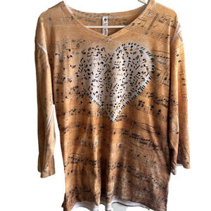 Vintage Artisan Musical Note Graphic Tee in Yellow, Gold and Black 3/4 sleeves